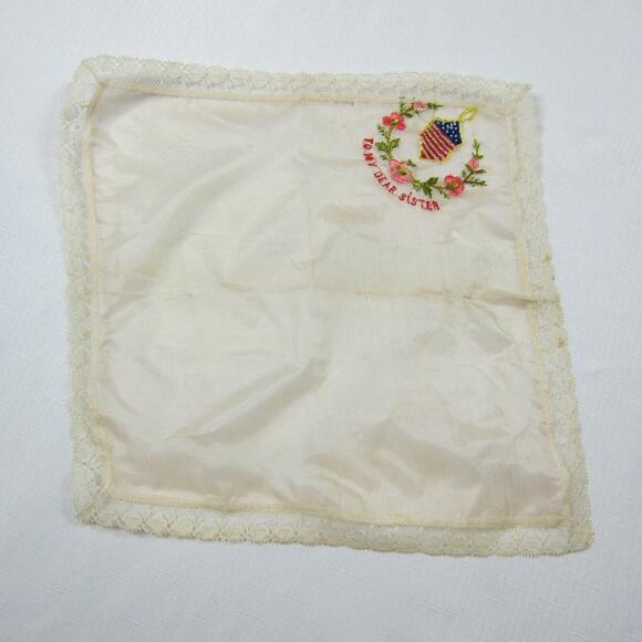 Vintage WWII Souvenir Silk Handkerchief USA Flag To My Dear Sister Floral & Lace - Picture 1 of 7